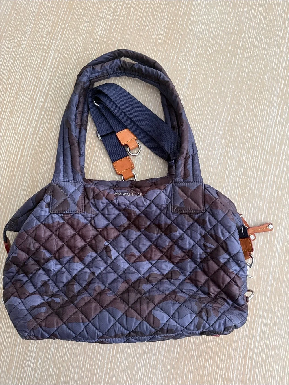 MZ Wallace Sutton Quilted Tote in Dark Navy Camo with Matching Pouch 229